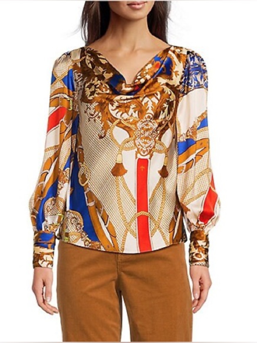 NWT Tyler boe Olivia Silk Equestrian Print Shawl Cowl Neck Long Sleeve Blouse